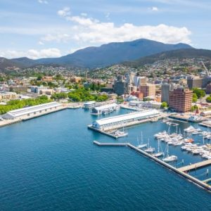 An an aerial view of Constitution Dock in Hobart, Tasmania, Australia on a sunny day