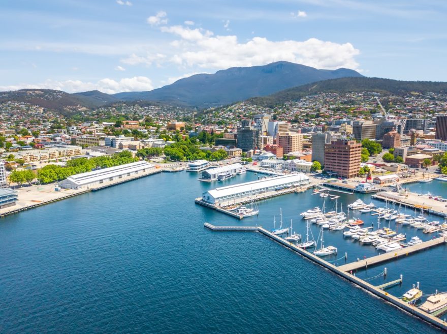 An an aerial view of Constitution Dock in Hobart, Tasmania, Australia on a sunny day